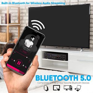 Pyle Wireless Bluetooth Public Address Amplifier - 500W Compact Mini Digital Home Power Audio Sound PA Receiver System w/ 70V 100V Output, Mic Input, Radio, USB, Remote For 4-16ohm Speaker -PMSA126BU