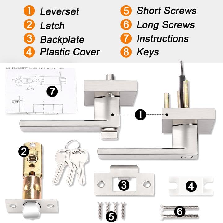 Probrico Satin Nickel Square Door Levers Keyed Alike, Heavy Duty Entry Levers with Lock and Keys, Keyed Locksets for Front Door Bedroom Office, 3 Pack