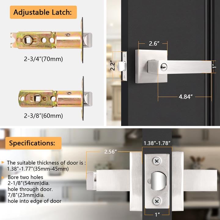 Probrico Satin Nickel Square Door Levers Keyed Alike, Heavy Duty Entry Levers with Lock and Keys, Keyed Locksets for Front Door Bedroom Office, 3 Pack