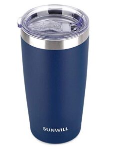 sunwill 20oz tumbler with lid, stainless steel vacuum insulated double wall travel tumbler, durable insulated coffee mug, powder coated navy, thermal cup with splash proof sliding lid