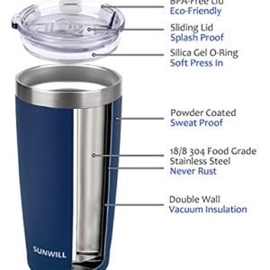 SUNWILL 20oz Tumbler with Lid, Stainless Steel Vacuum Insulated Double Wall Travel Tumbler, Durable Insulated Coffee Mug, Powder Coated Navy, Thermal Cup with Splash Proof Sliding Lid