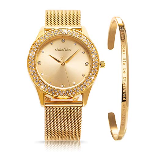 ManChDa Womens Wrist Watch Crystal Case Mesh Stainless Steel Band Bling Ladies Watches Analog Quartz Diamond Classic Fashion Romantic+ Jewelry Cuff Bracelet Set Slim Thin Casual Glitter Dress Watches