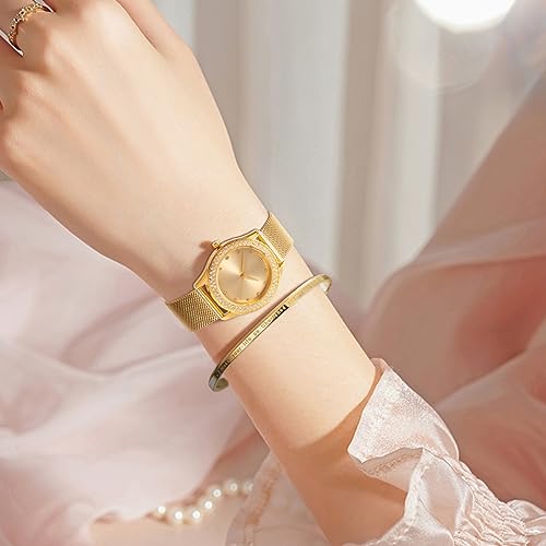 ManChDa Womens Wrist Watch Crystal Case Mesh Stainless Steel Band Bling Ladies Watches Analog Quartz Diamond Classic Fashion Romantic+ Jewelry Cuff Bracelet Set Slim Thin Casual Glitter Dress Watches