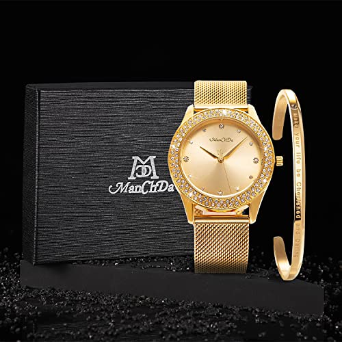 ManChDa Womens Wrist Watch Crystal Case Mesh Stainless Steel Band Bling Ladies Watches Analog Quartz Diamond Classic Fashion Romantic+ Jewelry Cuff Bracelet Set Slim Thin Casual Glitter Dress Watches