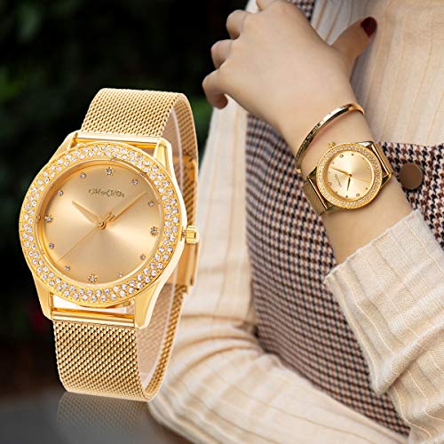 ManChDa Womens Wrist Watch Crystal Case Mesh Stainless Steel Band Bling Ladies Watches Analog Quartz Diamond Classic Fashion Romantic+ Jewelry Cuff Bracelet Set Slim Thin Casual Glitter Dress Watches