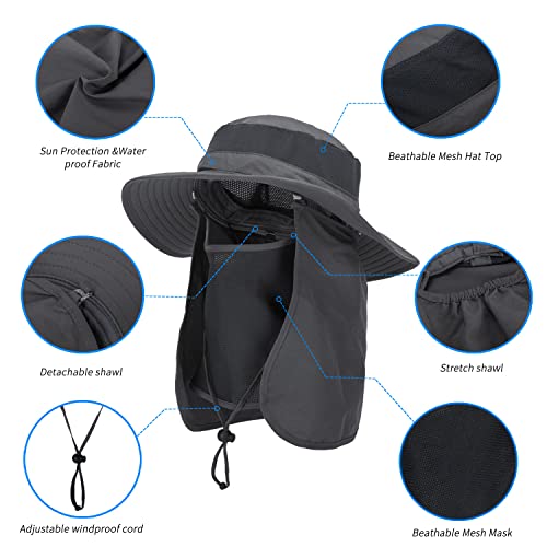 Outdoor Sun Hat UPF 50 Protection Waterproof Fishing hat Face Cover Summer Neck Flap Hat Dark Gray