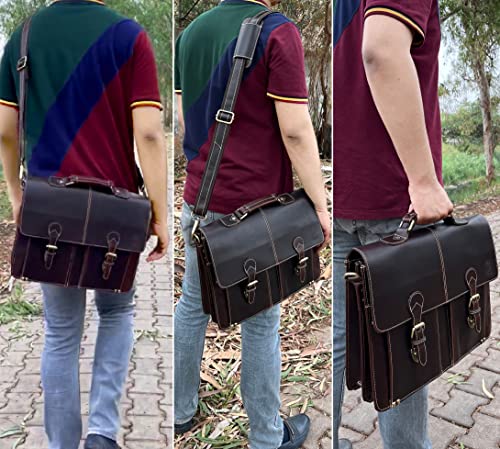 RUSTIC TOWN Handmade 16 inch Brown Leather Shoulder Briefcase Messenger Bag Men's 15.6-inch Laptop Satchel