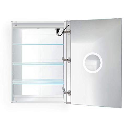 Krugg LED Medicine Cabinet 24 Inch X 36 Inch | Recessed or Surface Mount Mirror Cabinet w/Dimmer & Defogger + 3X Makeup Mirror Inside & Outlet + USB - Right Side