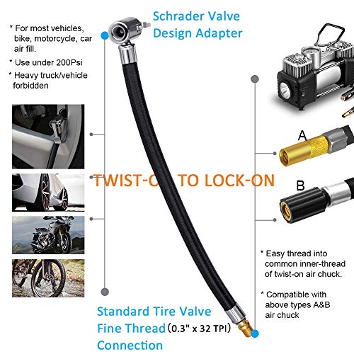 LUMITECO Locking Tire Chuck with Rubber Hose and Standard Tire Valve Fine Thread, Tire Inflator Pump Hose Adapter for Twist On Convert to Lock On Connection