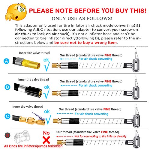 LUMITECO Locking Tire Chuck with Rubber Hose and Standard Tire Valve Fine Thread, Tire Inflator Pump Hose Adapter for Twist On Convert to Lock On Connection