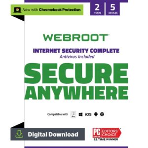 webroot internet security complete | antivirus software 2023 | 5 device| 2 year download for pc/mac/chromebook/android/ios + password manager, performance optimizer & cloud backup