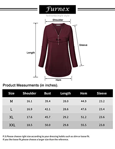 Furnex Women Chiffon Blouses, Women's 3/4 Sleeve Shirt Work Blouses Zip Up V Neck Tops Long Sleeve Office Zipper Tunic Shirt for Women Dressy Casual Business Tops for Wear to Work Beige Large