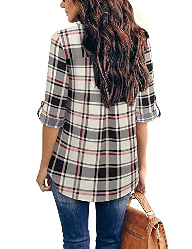 Furnex Women Chiffon Blouses, Women's 3/4 Sleeve Shirt Work Blouses Zip Up V Neck Tops Long Sleeve Office Zipper Tunic Shirt for Women Dressy Casual Business Tops for Wear to Work Beige Large