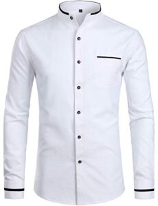 zeroyaa mens hipster mandarin collar slim fit long sleeve casual button down oxford dress shirt with pocket z113 white small
