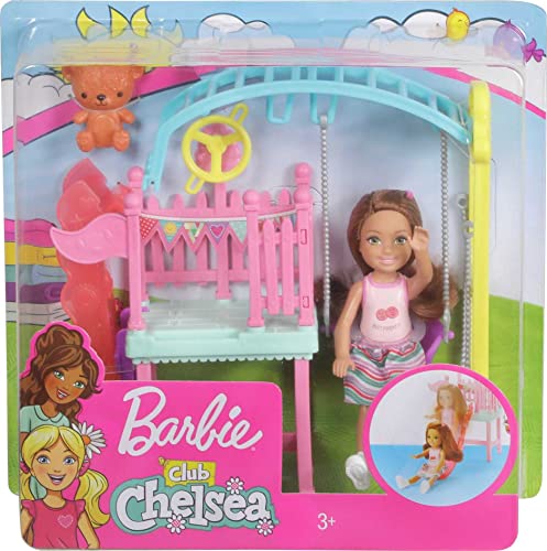 Barbie Club Chelsea Doll and Swing Set Playset with 2 Swings and Slide, Plus Teddy Bear Figure, Gift for 3 to 7 Year Olds