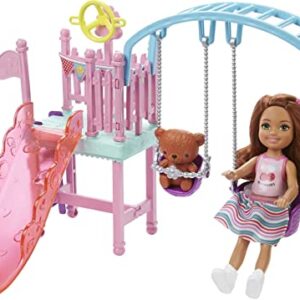 Barbie Club Chelsea Doll and Swing Set Playset with 2 Swings and Slide, Plus Teddy Bear Figure, Gift for 3 to 7 Year Olds