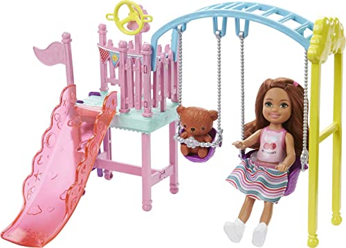 Barbie Club Chelsea Doll and Swing Set Playset with 2 Swings and Slide, Plus Teddy Bear Figure, Gift for 3 to 7 Year Olds