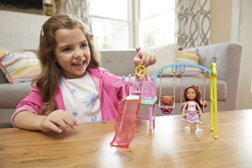 Barbie Club Chelsea Doll and Swing Set Playset with 2 Swings and Slide, Plus Teddy Bear Figure, Gift for 3 to 7 Year Olds