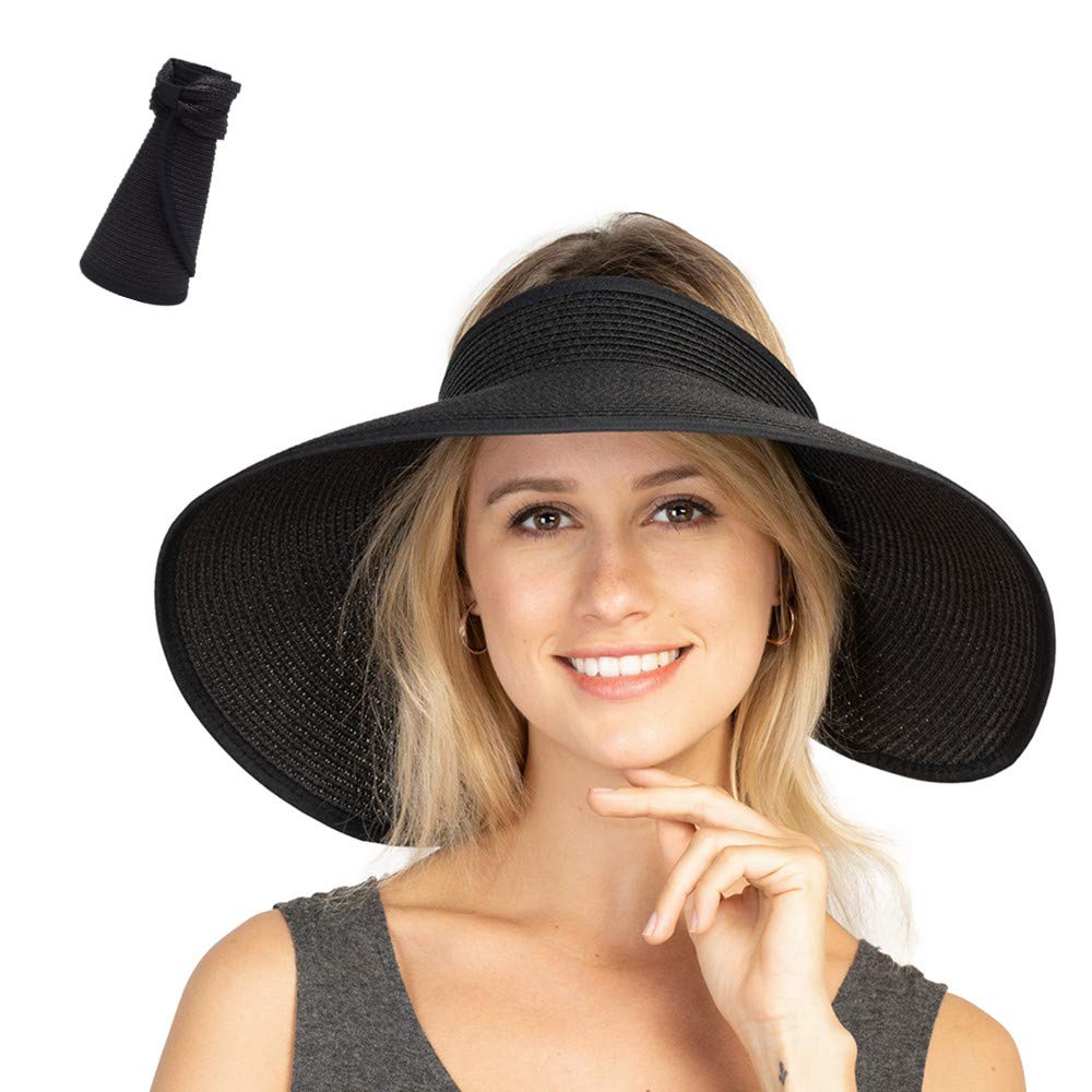 Women Sun Visors Foldable Straw Hats Summer Beach Packable Hat Floppy Wide Brim Cap Big Heads Sombrero (Black)