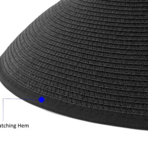 Women Sun Visors Foldable Straw Hats Summer Beach Packable Hat Floppy Wide Brim Cap Big Heads Sombrero (Black)