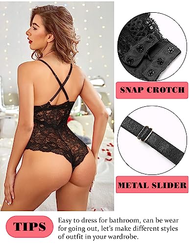 Avidlove Sna-p Crotch Lingerie Women Deep V Lace Teddy Bodysuit One Piece Babydoll(Black,XL)