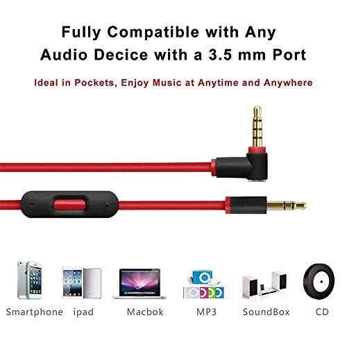 EARLA TEC Replacement Audio Cable Cord Wire with in line Microphone and Control for Beats by Dr Dre Headphones Solo Studio Pro Detox Wireless Mixr Executive Pill (Black Red)