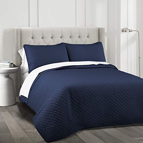 Lush Decor Ava Diamond Oversized Cotton 3 Piece Quilt Set, King, Navy