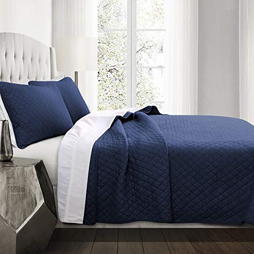 Lush Decor Ava Diamond Oversized Cotton 3 Piece Quilt Set, King, Navy