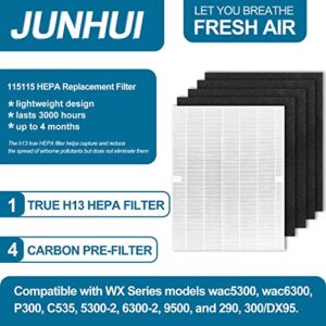 JUNHUI 115115 True HEPA H13 Replacement Filters A Size 21 Compatible with Winix plasmawave wac5300, wac6300, P300, C535, 5300-2, 6300-2, 9500, and 290, 300/DX95, c535,1 HEPA+4 Carbon Prefilters