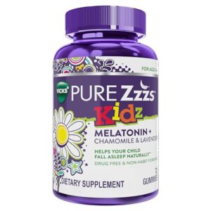 vicks pure zzzs kidz, melatonin sleep aid gummies for kids and children, helps your child fall asleep naturally, low dose melatonin, 72 gummies, packaging may vary