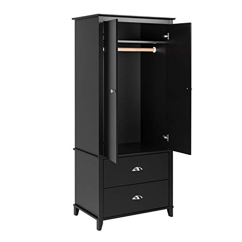 Prepac Yaletown Traditional Wardrobe Closet with Drawers and 2 Doors, Stylish 2-Door Armoire Portable Closet 21" D x 31.5" W x 72" H, Black, BABH-1205-2K