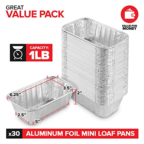 Stock Your Home 1 Lb Aluminum Foil Mini Loaf Pans (30 Pack) Disposable Small Loaf Pan – 1 Pound Baking Tin Liners, Perfect to Bake Cakes, Bread Loaves, and Meat - 6 x 3.5 x 2