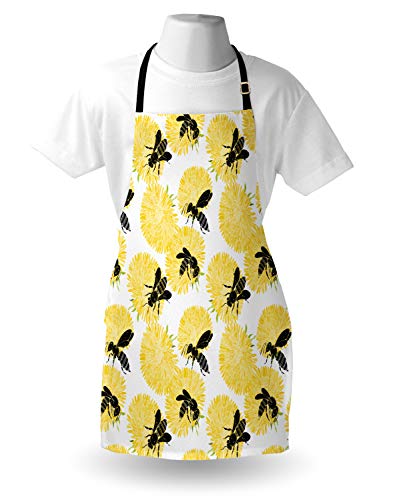 Ambesonne Bee Apron, Bees and Dandelion Flowers in Nature Detail Theme on White Background Print, Unisex Kitchen Bib with Adjustable Neck for Cooking Gardening, Adult Size, Black Yellow