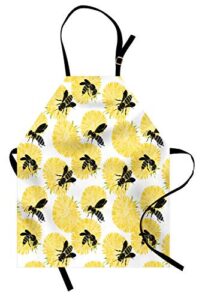 ambesonne bee apron, bees and dandelion flowers in nature detail theme on white background print, unisex kitchen bib with adjustable neck for cooking gardening, adult size, black yellow