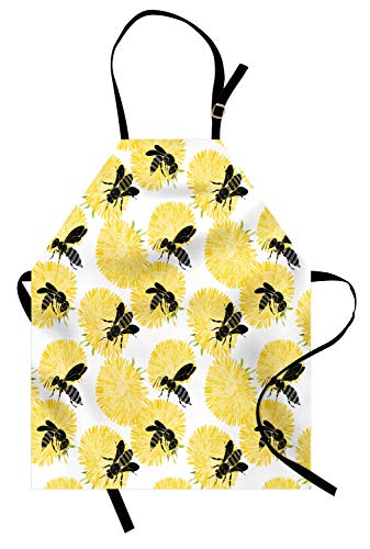 Ambesonne Bee Apron, Bees and Dandelion Flowers in Nature Detail Theme on White Background Print, Unisex Kitchen Bib with Adjustable Neck for Cooking Gardening, Adult Size, Black Yellow