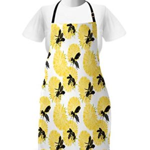 Ambesonne Bee Apron, Bees and Dandelion Flowers in Nature Detail Theme on White Background Print, Unisex Kitchen Bib with Adjustable Neck for Cooking Gardening, Adult Size, Black Yellow