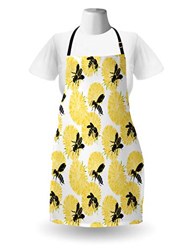 Ambesonne Bee Apron, Bees and Dandelion Flowers in Nature Detail Theme on White Background Print, Unisex Kitchen Bib with Adjustable Neck for Cooking Gardening, Adult Size, Black Yellow