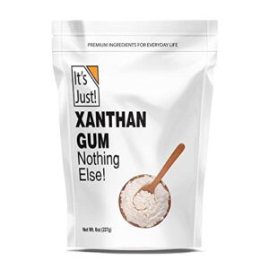 it's just - xanthan gum, 8oz, keto baking, non-gmo, thickener for sauces, soups, dressings, packaged in usa