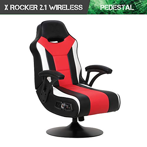 X Rocker Falcon Pedestal PC Office Computer Gaming Chair, 2.1 Wireless Audio System, Subwoofer, Padded Armrest, 5152501, 32" x 25" x 42", Black, Red, and White