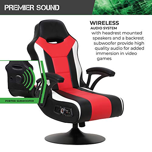 X Rocker Falcon Pedestal PC Office Computer Gaming Chair, 2.1 Wireless Audio System, Subwoofer, Padded Armrest, 5152501, 32" x 25" x 42", Black, Red, and White