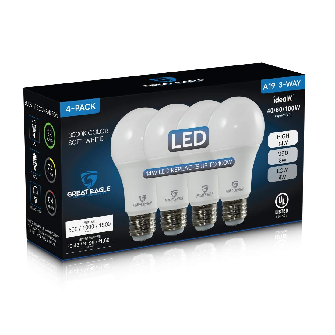 Great Eagle Lighting Corporation 40/60/100W Equivalent 3-Way A19 LED Light Bulb 3000K Soft White Color (4-Pack)