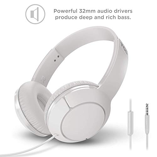 TCL Mtro200 On-Ear Wired Headphones Super Light Weight Headphones with 32mm Drivers for Huge Bass and Built-In Mic – Ash White