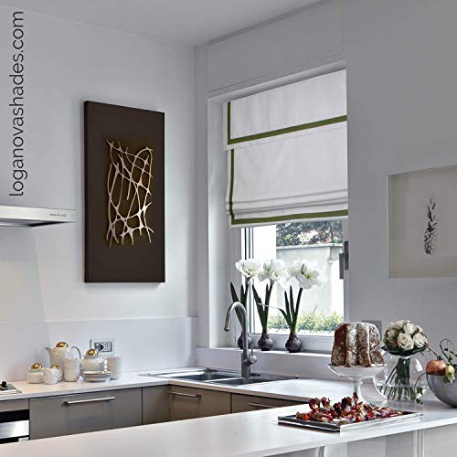 LOGANOVA Faux Linen Roman Shades For Kitchen, Bedroom & Doors. Hand Made Luxury Window Treatments With Valance. Blackout Lining Option. Cordless Motorized Or Chain Mechanism. Easy Install.