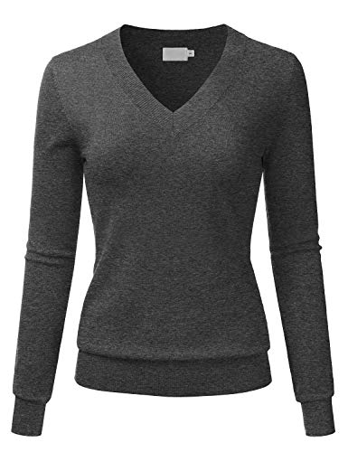 LALABEE Women's V-Neck Long Sleeve Soft Basic Pullover Knit Sweater CHARCOALGRAY L