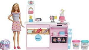 barbie cake decorating playset with blonde doll, baking island with oven, molding dough & toy cake-making pieces [amazon exclusive]
