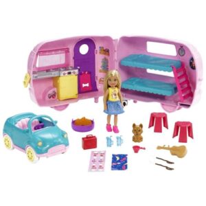barbie club chelsea toy car & camper playset, blonde chelsea small doll, puppy & 10+ accessories, unhitch & open for campsite