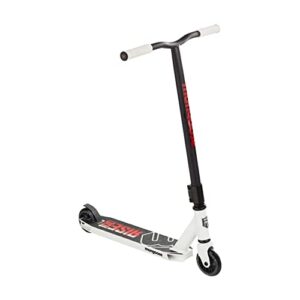mongoose rise 100 youth and adult freestyle stunt scooter, high impact 110mm wheels, bike-style grips, lightweight alloy deck, white/red