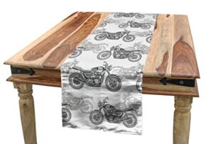 ambesonne motorcycle table runner, realistic grayscale illustration of classic motorcycles many details, dining room kitchen rectangular runner, 16" x 90", white black