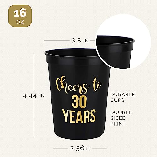 Cheers to 30 Years Cups, 30th Birthday Party Cups, Set of 12, 16oz Black and Gold Stadium 30th Birthday Cups, Perfect for Birthday Parties, Birthday Decorations