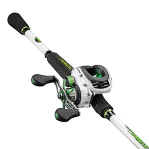 lew's mach 1 slp baitcast reel and fishing rod combo, 7-foot 2-inch 1-piece graphite rod blank with split grip eva handle, one-piece graphite frame, right-hand retrieve, silver/green